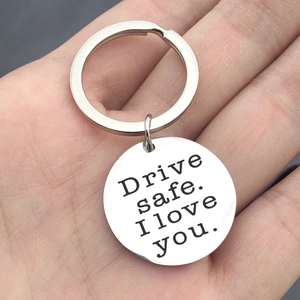 Polished stainless steel keychain with Drive safe I love you engraving for car lovers