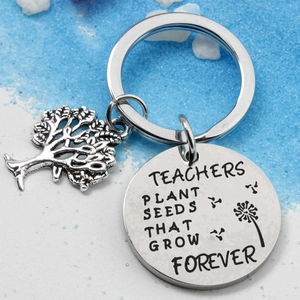 Stainless steel teacher keychain with tree of life charm and engraved quote