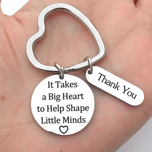 Stainless steel teacher gift keychain with heart ring and engraved thank you message