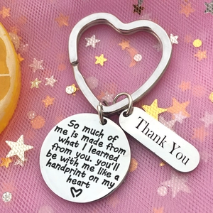 Stainless steel teacher keychain with heart ring and engraved thank you message pendants