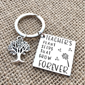 Stainless steel teacher keychain with tree of life charm and engraved quote on burlap