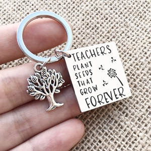 Stainless steel teacher keychain with tree of life charm and inspirational quote pendant