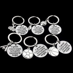 Set of 6 stainless steel sports coach keychains with tennis, soccer, and basketball charms