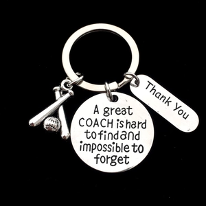 Stainless steel baseball coach keychain with thank you charms and engraved quote
