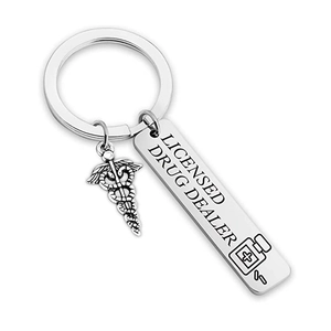 Stainless Steel Licensed Drug Dealer Humorous Medical Keychain With Caduceus Charm For Doctor Nurse Pharmacy Student Gift