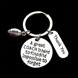 Polished stainless steel sports coach keychain with football charm and thank you pendant