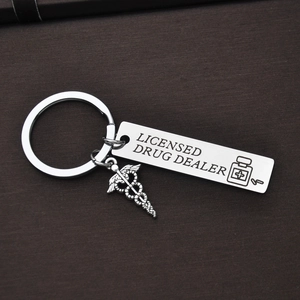 Stainless steel Licensed Drug Dealer keychain with medical caduceus charm gift for pharmacists