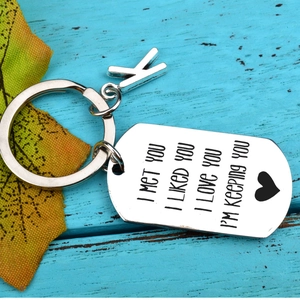 Polished stainless steel key ring with engraved romantic quotes and letter K charm