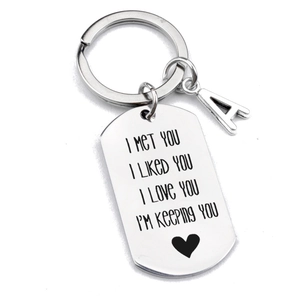 Stainless steel keychain set with 'I Met You' engraving and letter A pendant on white background