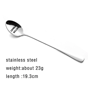 Macro detail showing CEREAL KILLER engraved text on 19.3cm stainless steel spoon