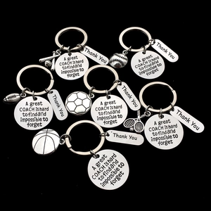 Stainless steel coach appreciation keychains with sports charms and engraved quote