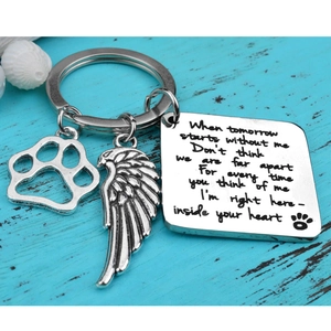 Memorial pet keychain with paw charm and engraved rectangle plate on blue wood background
