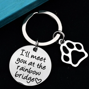 Polished stainless steel rainbow bridge pet memorial keychain with paw print charm