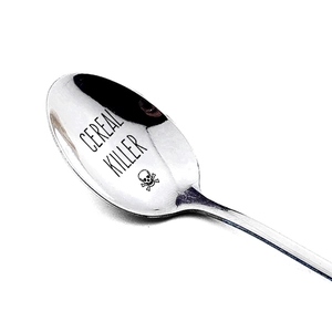 Polished 410 stainless steel spoon with Cereal Killer engraving and skull icon