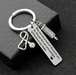Stainless steel nurse gift keychain with stethoscope, syringe and engraved metal plate
