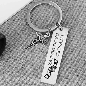 Stainless steel licensed drug dealer keychain with caduceus charm for medical graduation gift