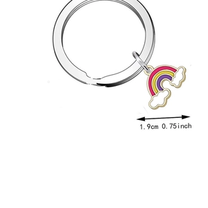 Detail view of colorful enamel rainbow cloud charm keychain with 1.9cm width measurement
