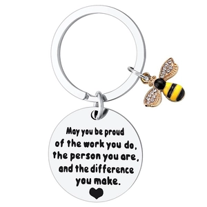 Stainless steel bee keychain with engraved quote and rhinestone honeybee charm