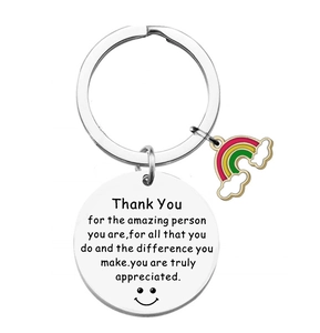 Polished silver keychain with engraved thank you message and colorful rainbow charm
