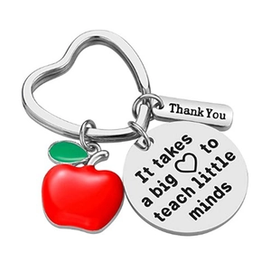 Teacher appreciation keychain with red enamel apple and engraved heart shaped ring