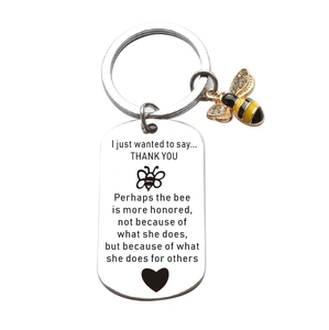 Detail showing an engraved stainless steel key ring with a 3D yellow bee and thank you message