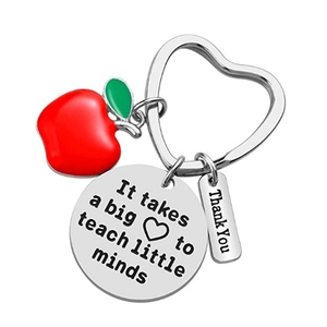 Teacher appreciation keychain with red apple charm and it takes a big heart engraved quote