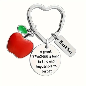 Stainless steel teacher keychain with red enamel apple charm and heart-shaped ring