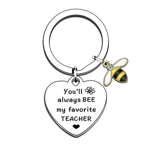 Silver Teacher Day keychain with bee charm and heart tag Always Bee My Favorite engraved