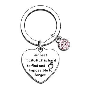 Silver teacher keychain with pink birthstone and engraved heart-shaped apple pendant