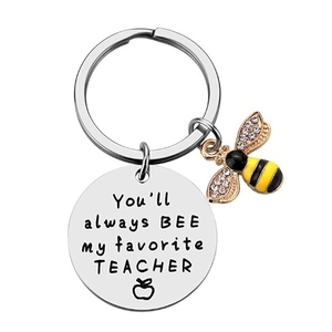 Stainless Steel Bee Charm Keychain Favorite Teacher Appreciation Gift Jewelry Rhinestone Enamel Engraved Metal Keyring