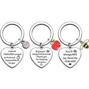 Teacher appreciation keychain set with apple bee charms and engraved heart pendants