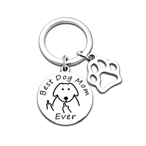 Silver stainless steel Best Dog Mom Ever keychain with hollow paw print charm on white background