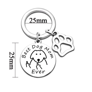 Polished stainless steel Best Dog Mom Ever keychain with dog paw charm and 25mm diameter