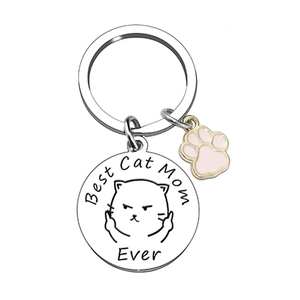 Stainless steel Best Cat Mom Ever keychain with pink cat paw charm on white background