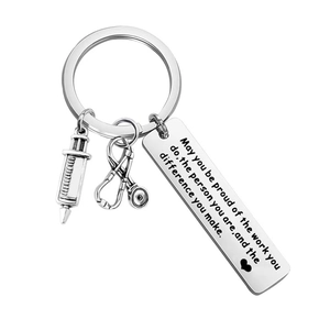 Nurse appreciation keychain with syringe, stethoscope charms and engraved plaque