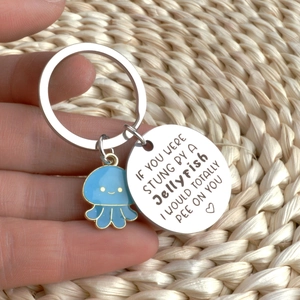 Cute blue jellyfish friendship keychain with funny engraved stainless steel quote disk