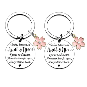 Set of two silver aunt and niece keychains with pink cherry blossom and crystal charm
