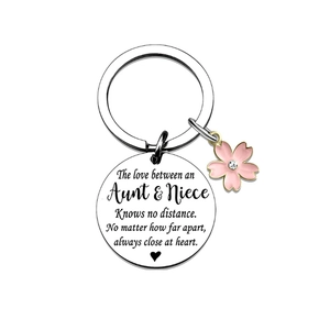 Stainless Steel Aunt Niece Heart Quote Keychain With Pink Enamel Cherry Blossom Charm Rhinestone Pendant Jewelry Gift For Women