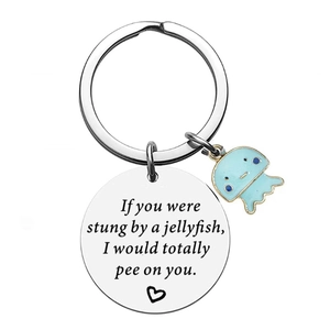 Cute stainless steel jellyfish keychain with blue charm and engraved quote tag