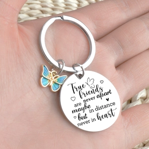 Friendship stainless steel keychain with blue butterfly charm and engraved quote pendant