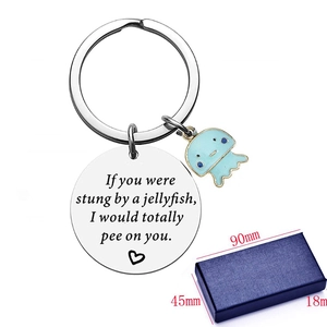 Humorous Stainless Steel Jellyfish Keychain With Engraved Round Tag Funny Engraving Jewelry Gift For Friends Couples