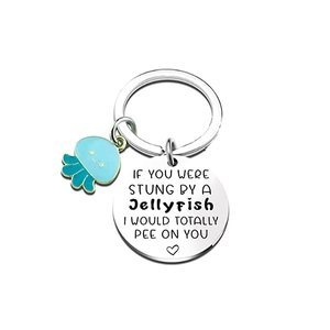 Funny jellyfish friendship keychain with engraved metal tag and blue enamel charm