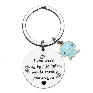 Stainless steel jellyfish keychain with engraved round pendant and blue enamel charm