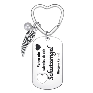 Porte-clés Ange Gardien en Acier Inoxydable Pendentif avec Inscription Allemande Aile Cœur Künstliche Perle Porte-clés Métal Cadeau
