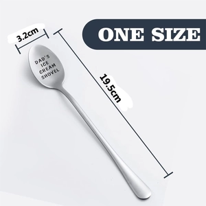 Detail showing laser engraved DAD'S ICE CREAM SHOVEL text on a long handle spoon