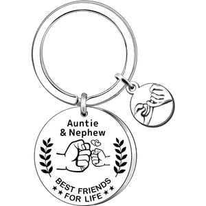 Detail of Auntie and Nephew stainless steel keychain with best friends for life engraving
