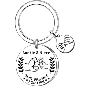 Stainless steel keychain with Auntie & Niece engraving and fist bump design