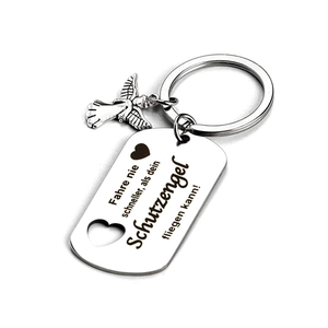 Porte-clés ange gardien en acier inoxydable avec plaque gravée et coeur évidé