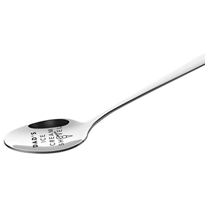 Detail of engraved stainless steel spoon with DAD'S ICE CREAM SHOVEL text for Father's Day