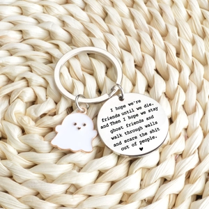 Ghost charm friendship keychain with engraved message and polished stainless steel finish